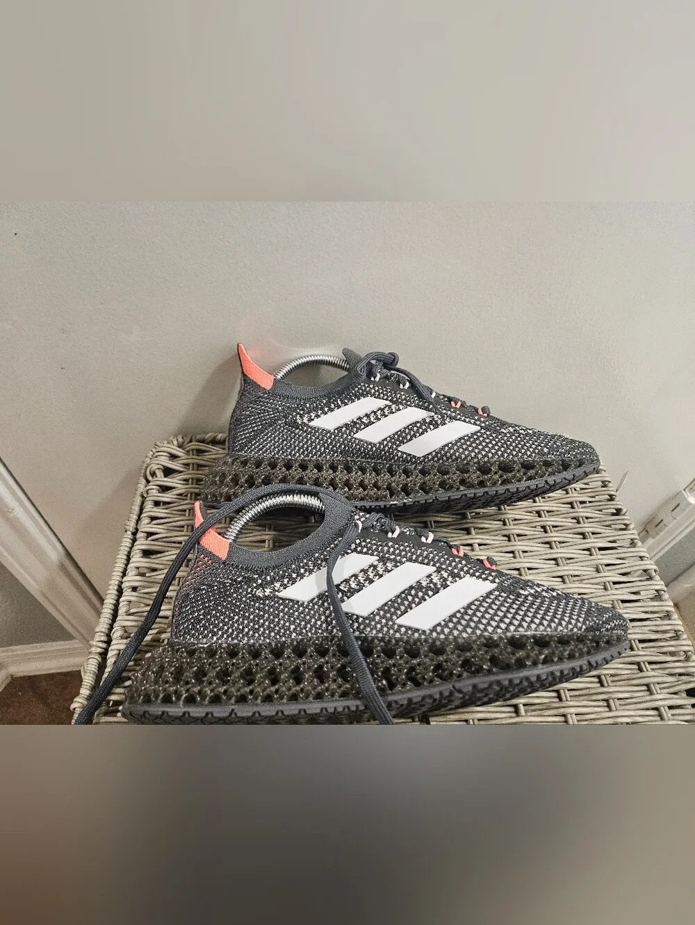 Adidas Men’s Gray Knit Running Sneakers with Coral Accents